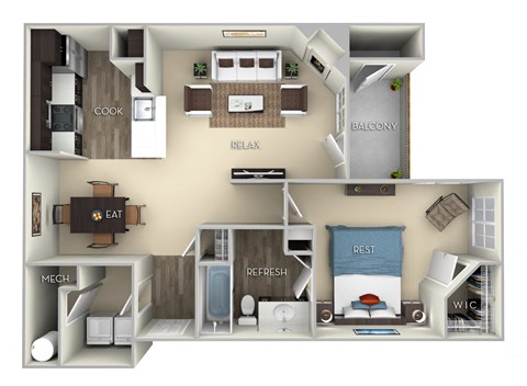Patriot Kensington Place 1 bedroom 1 bath furnished floor plan apartment  A at Kensington Place, Woodbridge, 22191